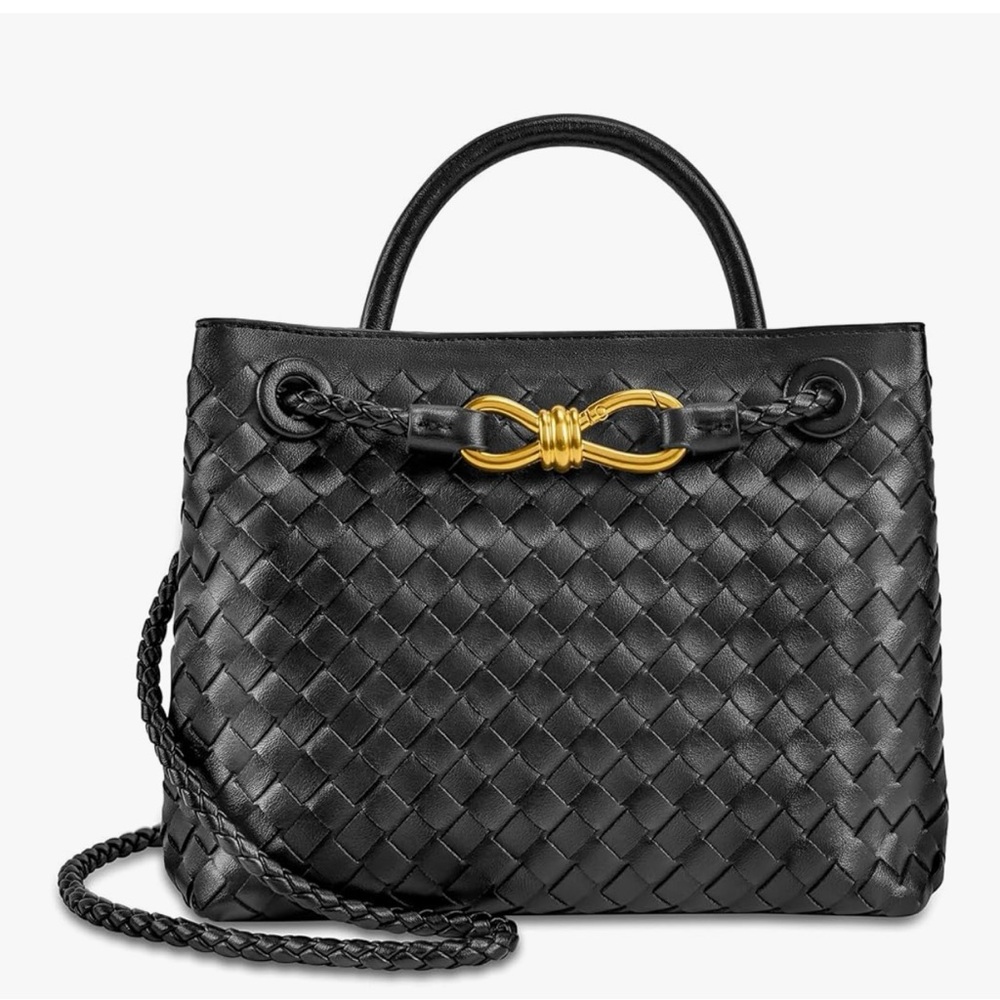 Black Woven Vegan Leather Bag Purse Gold Accent Crossbody Shoulder Buttery Soft